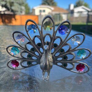 Silver Plated Peacock Figurine With Multicolored Swarovski Crystals Ornament